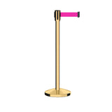 Retractable Belt Barrier Stanchion, Sloped Base, Polished Brass Post, 7.5 ft Belt - Montour Line M530 - Crowd Control Warehouse