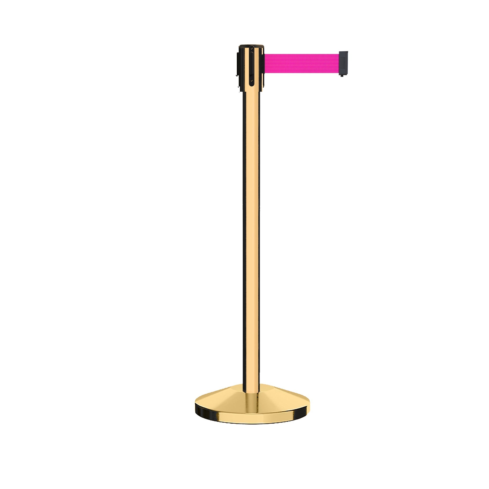 Retractable Belt Barrier Stanchion, Sloped Base, Polished Brass Post, 7.5 ft Belt - Montour Line M530 - Crowd Control Warehouse