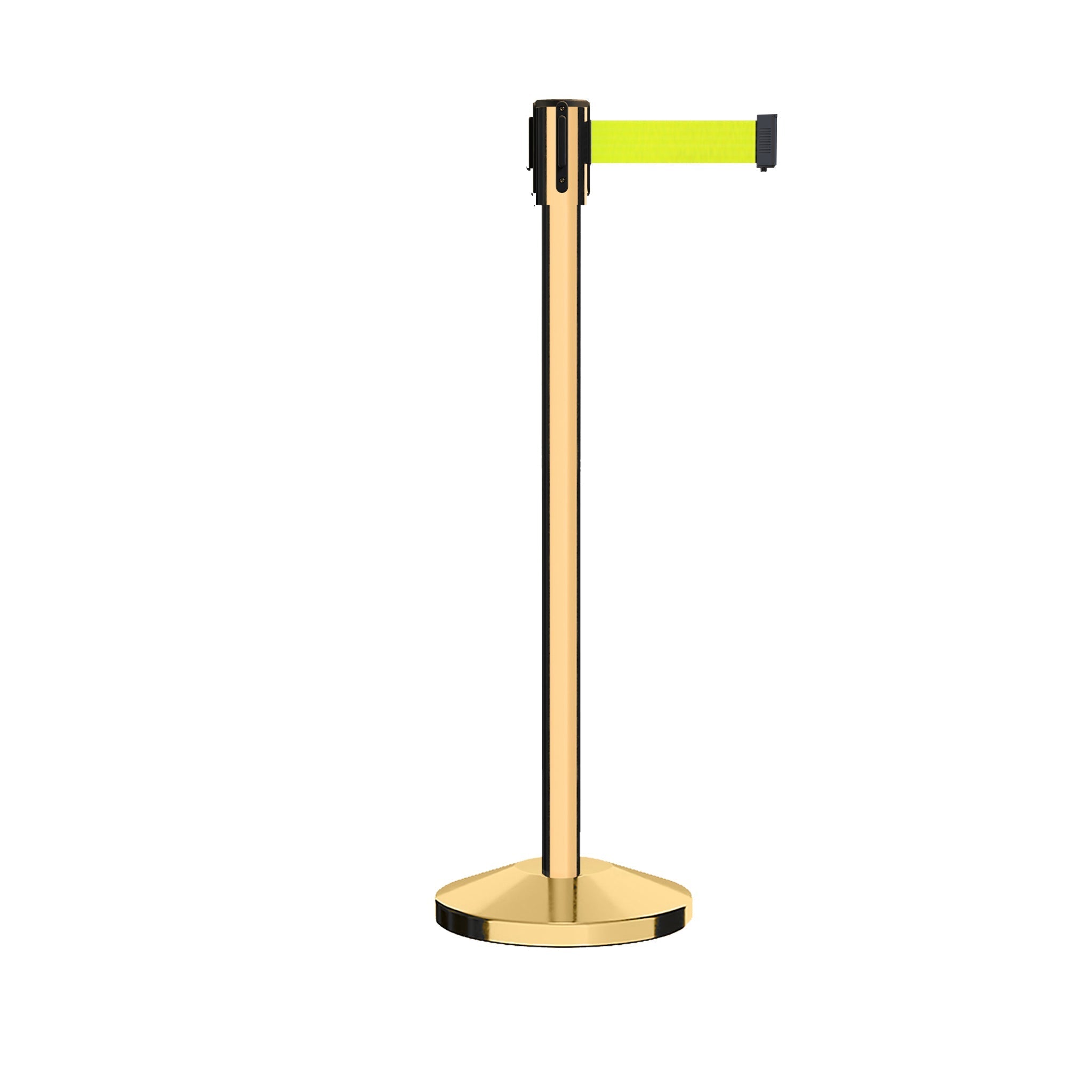 Retractable Belt Barrier Stanchion, Sloped Base, Polished Brass Post, 7.5 ft Belt - Montour Line M530 - Crowd Control Warehouse