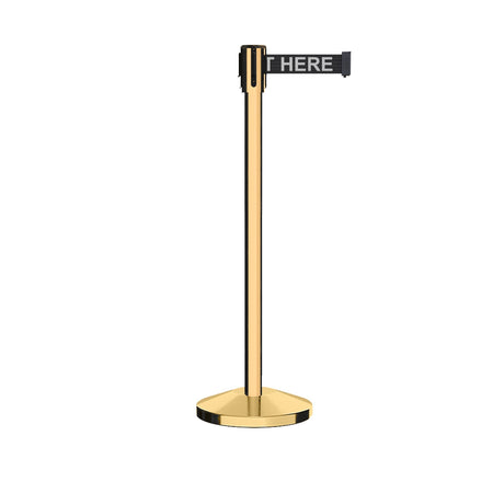 Retractable Belt Barrier Stanchion, Sloped Base, Polished Brass Post, 7.5 ft Belt - Montour Line M530 - Crowd Control Warehouse