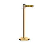 Retractable Belt Barrier Stanchion, Sloped Base, Polished Brass Post, 9 ft Belt - Montour Line M530 - Crowd Control Warehouse
