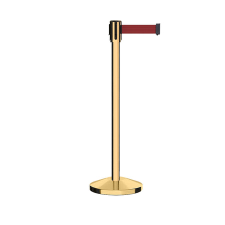 Retractable Belt Barrier Stanchion, Sloped Base, Polished Brass Post, 9 ft Belt - Montour Line M530 - Crowd Control Warehouse