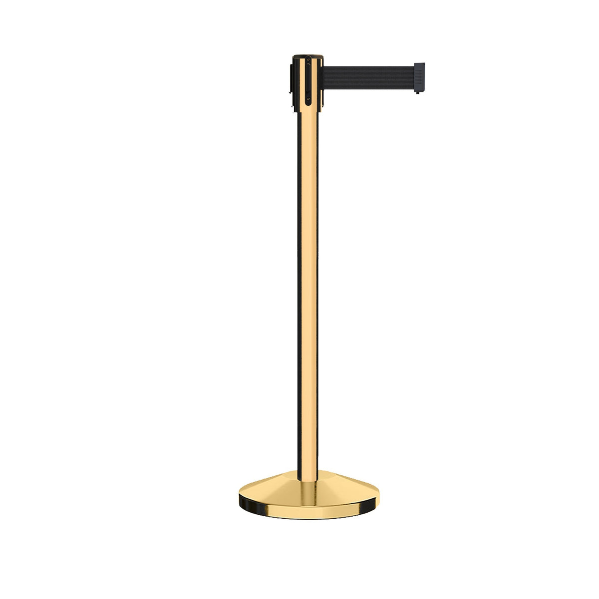 Retractable Belt Barrier Stanchion, Sloped Base, Polished Brass Post, 9 ft Belt - Montour Line M530 - Crowd Control Warehouse