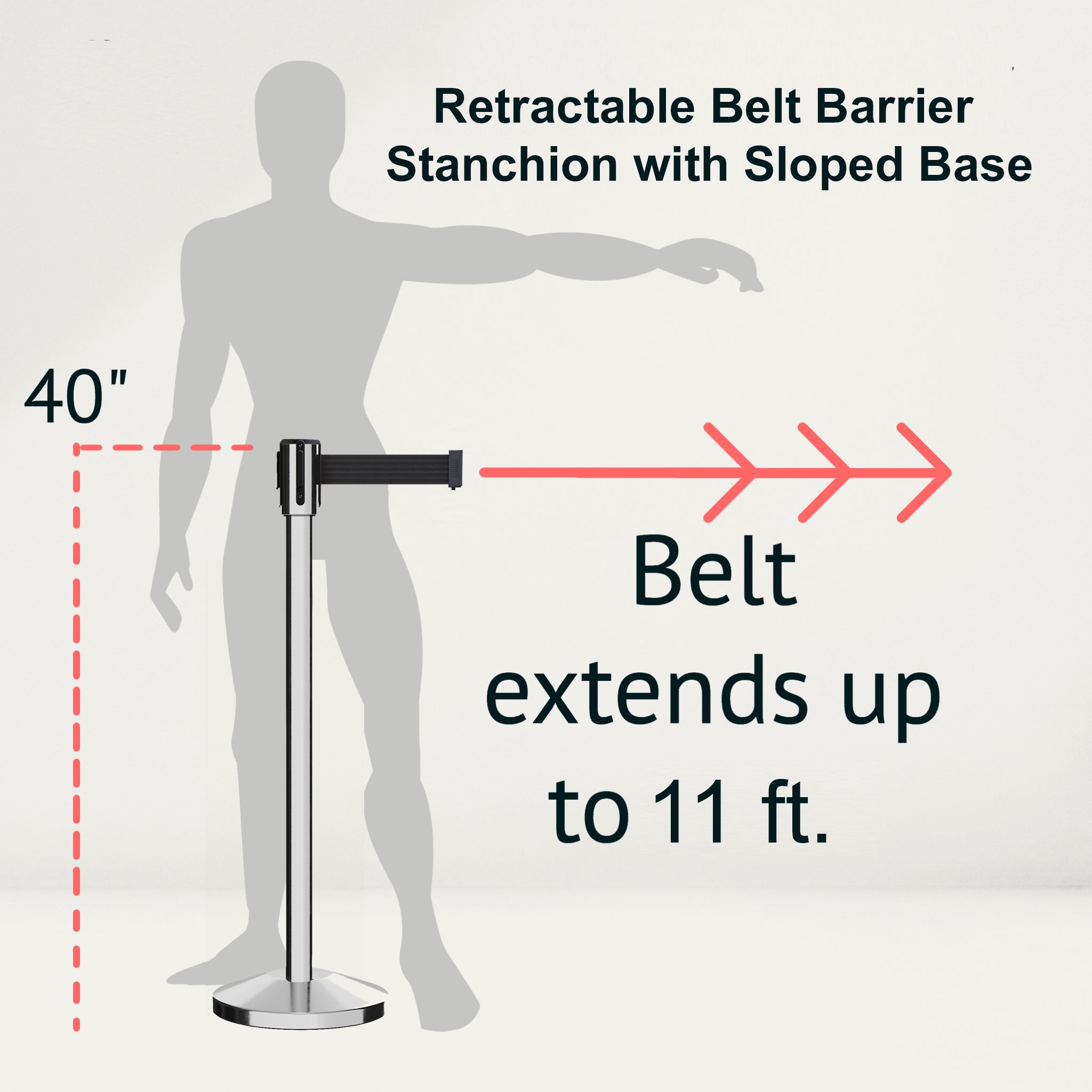 Retractable Belt Barrier Stanchion, Sloped Base, Polished Stainless Steel Post, 11 ft Belt - Montour Line M530 - Crowd Control Warehouse