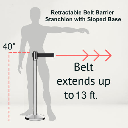 Retractable Belt Barrier Stanchion, Sloped Base, Polished Stainless Steel Post, 13 ft Belt - Montour Line M530 - Crowd Control Warehouse