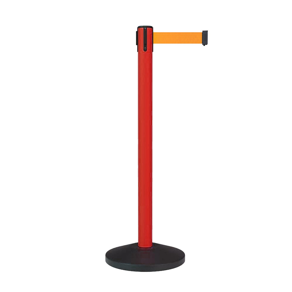 Retractable Belt Barrier Stanchion, Sloped Base, Red Post, 13 ft Belt - Montour Line MS630 - Crowd Control Warehouse