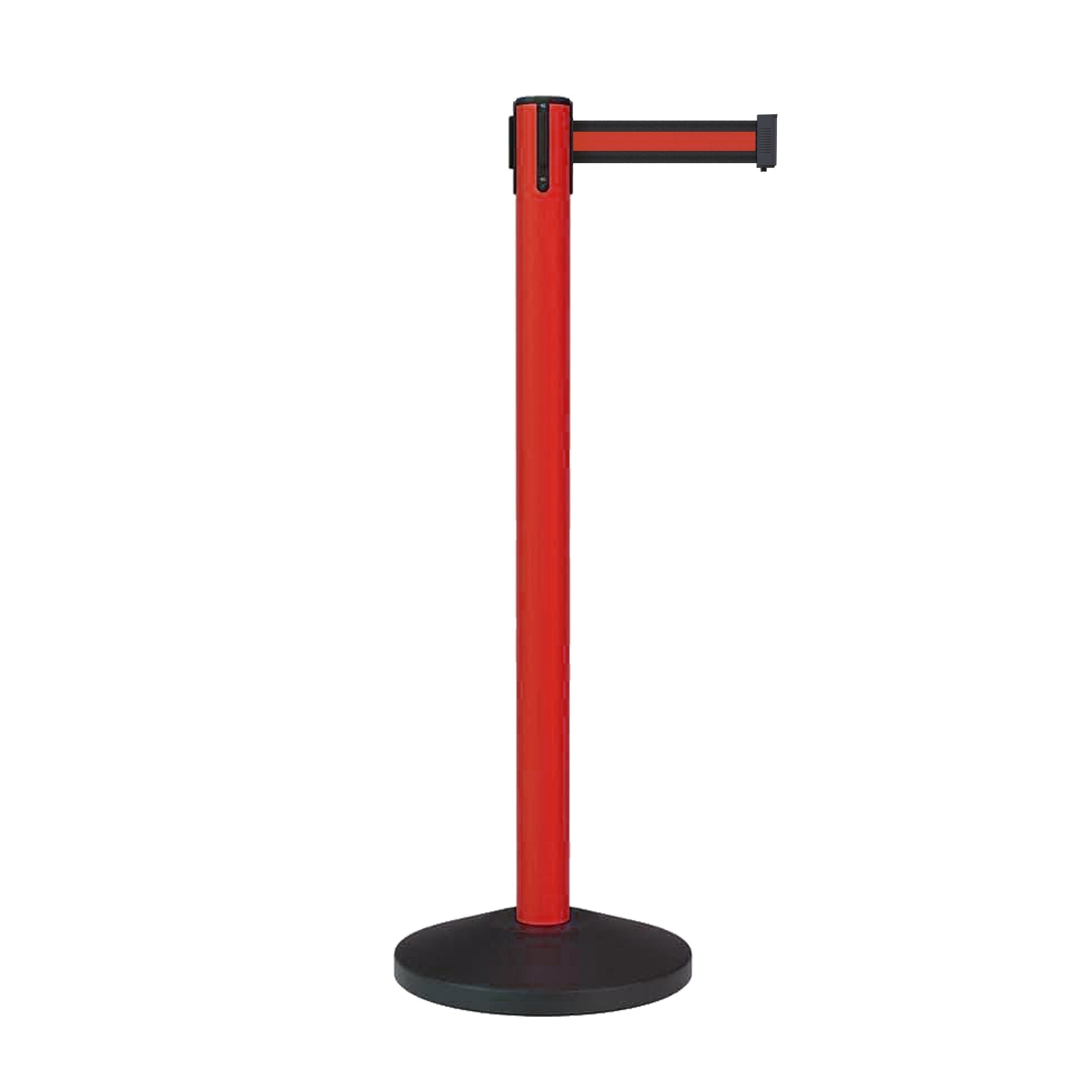 Retractable Belt Barrier Stanchion, Sloped Base, Red Post, 13 ft Belt - Montour Line MS630 - Crowd Control Warehouse