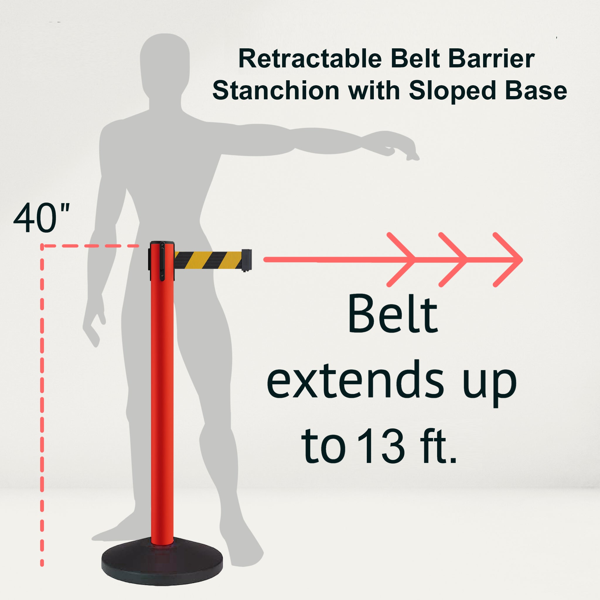 Retractable Belt Barrier Stanchion, Sloped Base, Red Post, 13 ft Belt - Montour Line MS630 - Crowd Control Warehouse