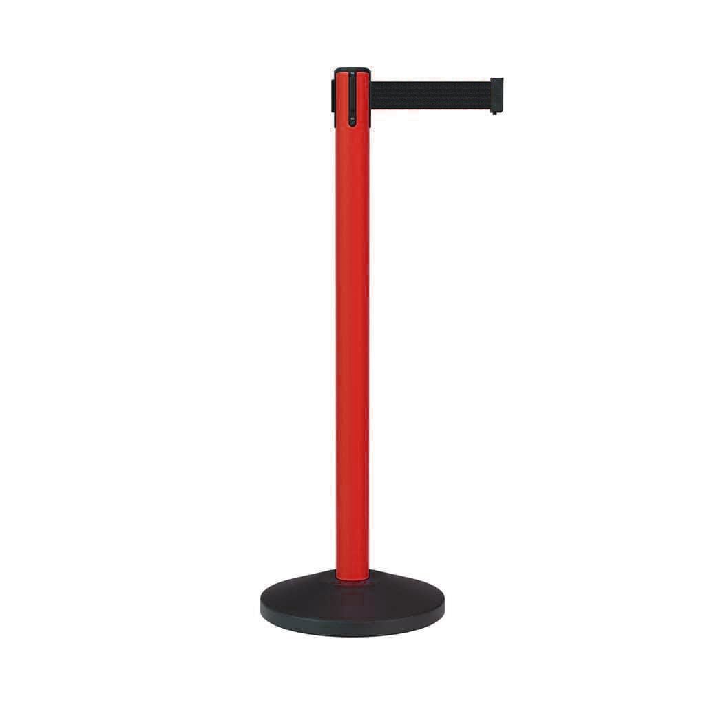 Retractable Belt Barrier Stanchion, Sloped Base, Red Post, 13 ft Belt - Montour Line MS630 - Crowd Control Warehouse