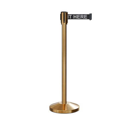 Retractable Belt Barrier Stanchion, Sloped Base, Satin Brass Post, 7.5 ft Belt - Montour Line M530 - Crowd Control Warehouse
