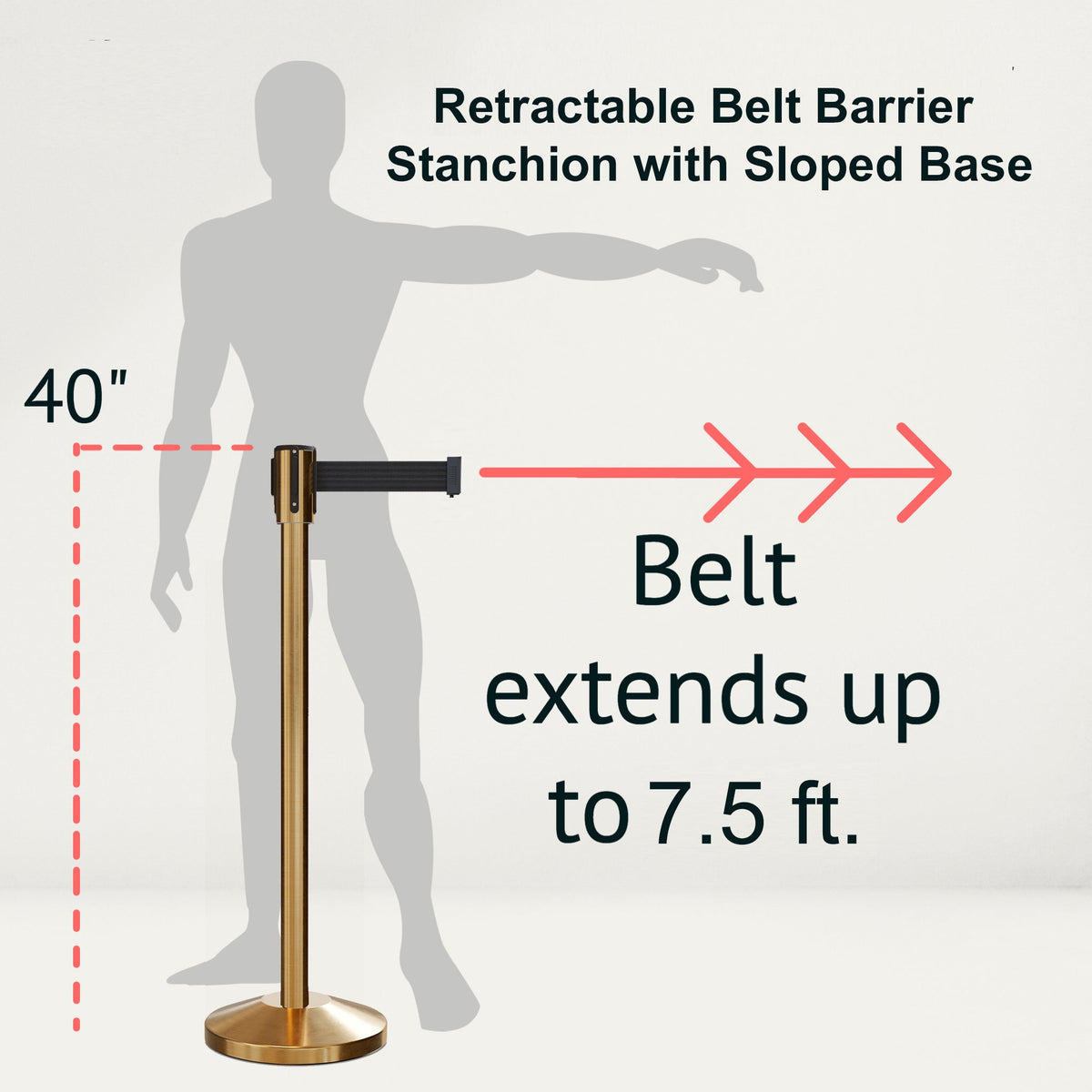 Retractable Belt Barrier Stanchion, Sloped Base, Satin Brass Post, 7.5 ft Belt - Montour Line M530 - Crowd Control Warehouse