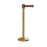 Retractable Belt Barrier Stanchion, Sloped Base, Satin Brass Post, 7.5 ft Belt - Montour Line M530 - Crowd Control Warehouse