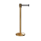 Retractable Belt Barrier Stanchion, Sloped Base, Satin Brass Post, 7.5 ft Belt - Montour Line M530 - Crowd Control Warehouse