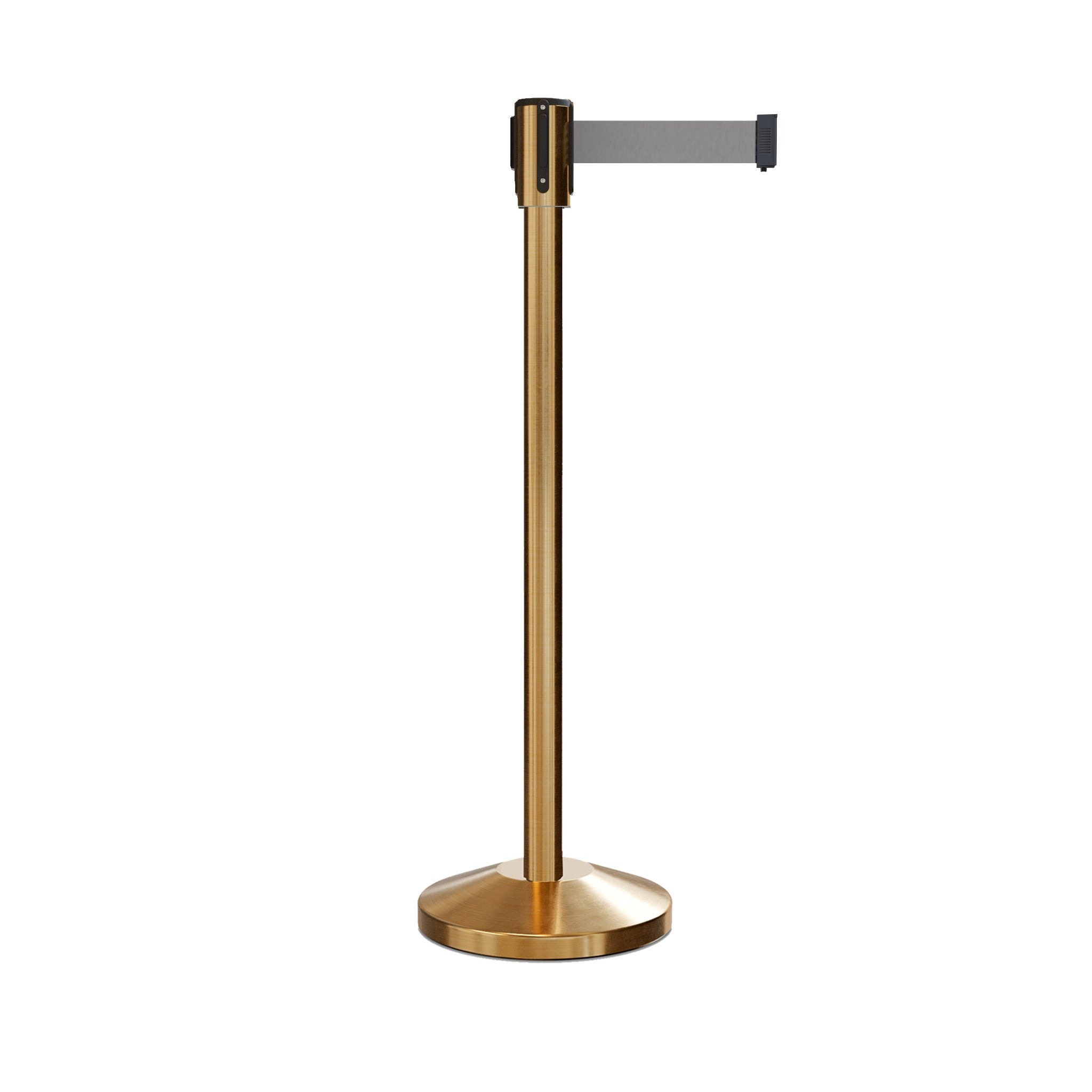 Retractable Belt Barrier Stanchion, Sloped Base, Satin Brass Post, 7.5 ft Belt - Montour Line M530 - Crowd Control Warehouse