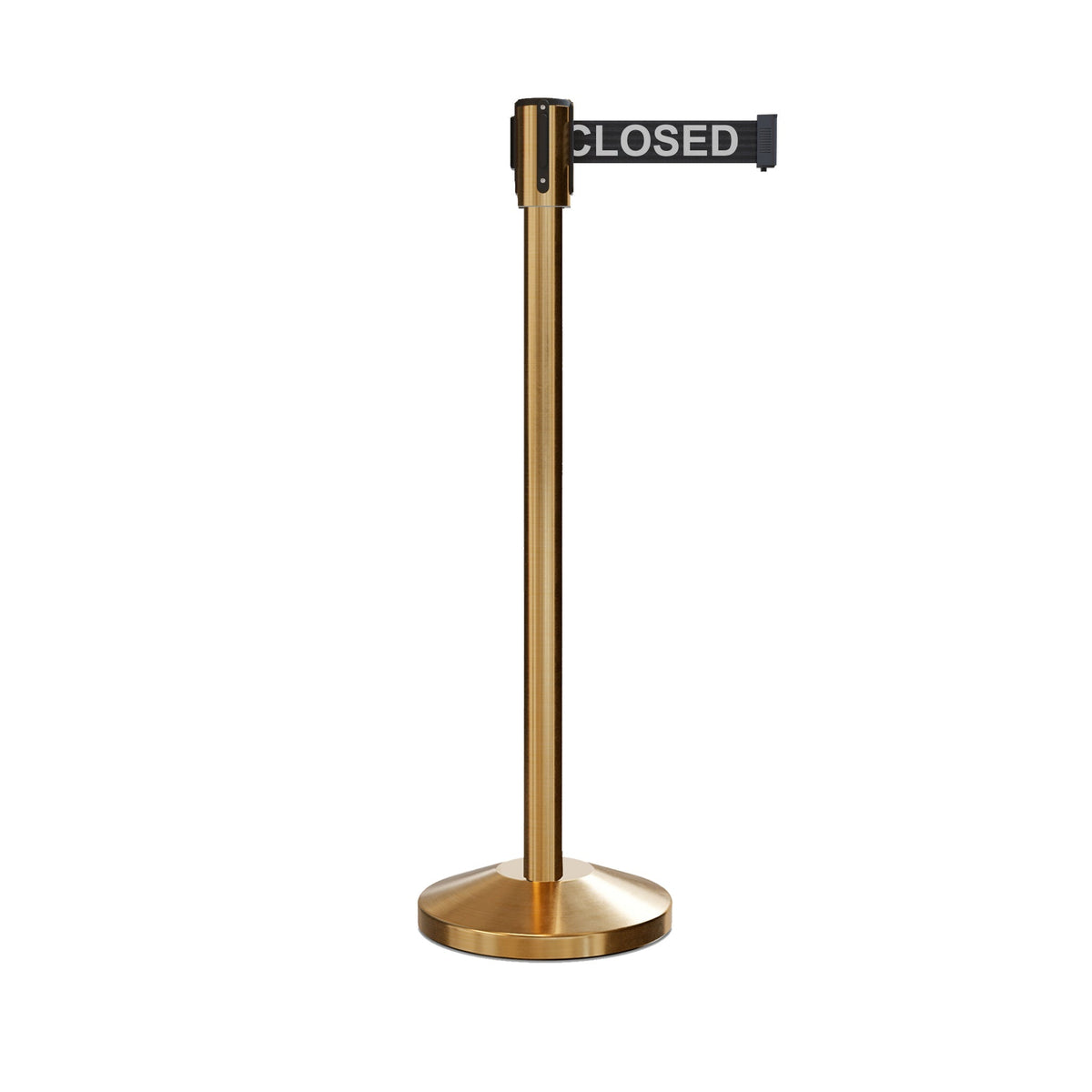 Retractable Belt Barrier Stanchion, Sloped Base, Satin Brass Post, 7.5 ft Belt - Montour Line M530 - Crowd Control Warehouse