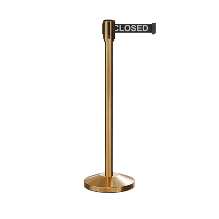 Retractable Belt Barrier Stanchion, Sloped Base, Satin Brass Post, 7.5 ft Belt - Montour Line M530 - Crowd Control Warehouse