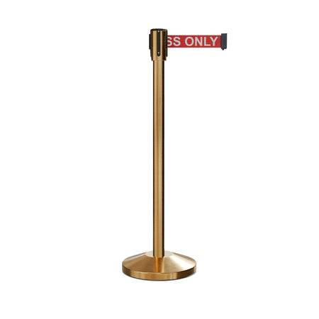 Retractable Belt Barrier Stanchion, Sloped Base, Satin Brass Post, 7.5 ft Belt - Montour Line M530 - Crowd Control Warehouse