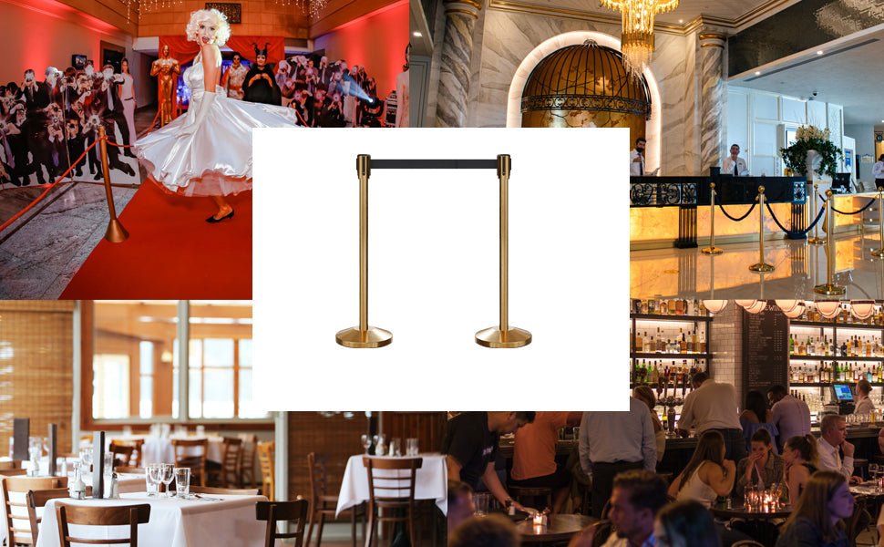 Retractable Belt Barrier Stanchion, Sloped Base, Satin Brass Post, 7.5 ft Belt - Montour Line M530 - Crowd Control Warehouse