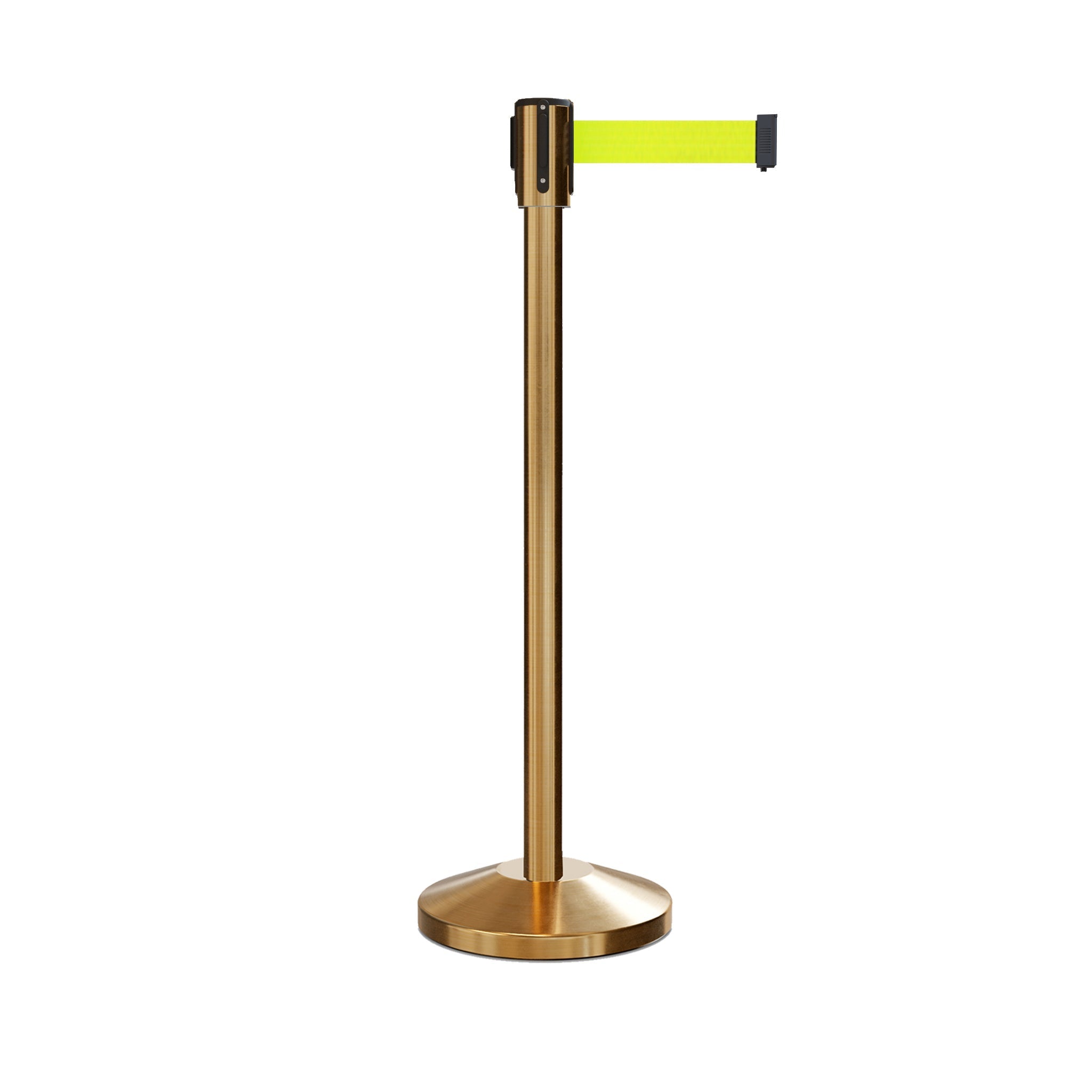 Retractable Belt Barrier Stanchion, Sloped Base, Satin Brass Post, 7.5 ft Belt - Montour Line M530 - Crowd Control Warehouse