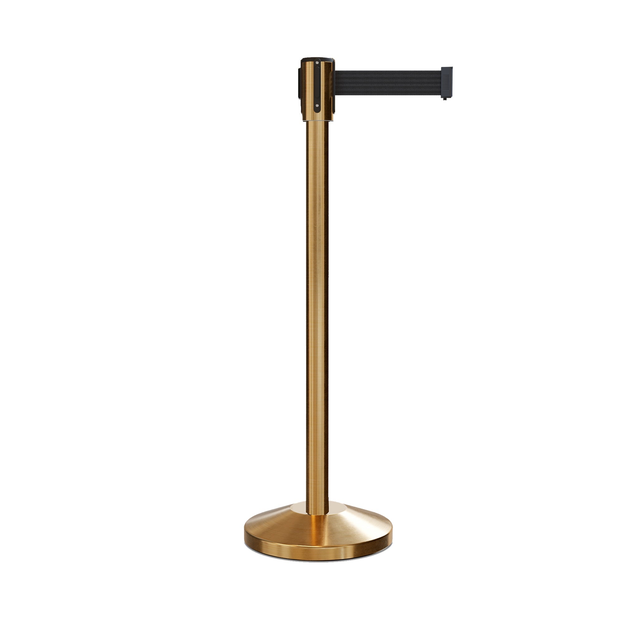 Retractable Belt Barrier Stanchion, Sloped Base, Satin Brass Post, 7.5 ft Belt - Montour Line M530 - Crowd Control Warehouse