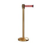 Retractable Belt Barrier Stanchion, Sloped Base, Satin Brass Post, 7.5 ft Belt - Montour Line M530 - Crowd Control Warehouse