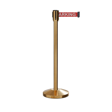 Retractable Belt Barrier Stanchion, Sloped Base, Satin Brass Post, 7.5 ft Belt - Montour Line M530 - Crowd Control Warehouse
