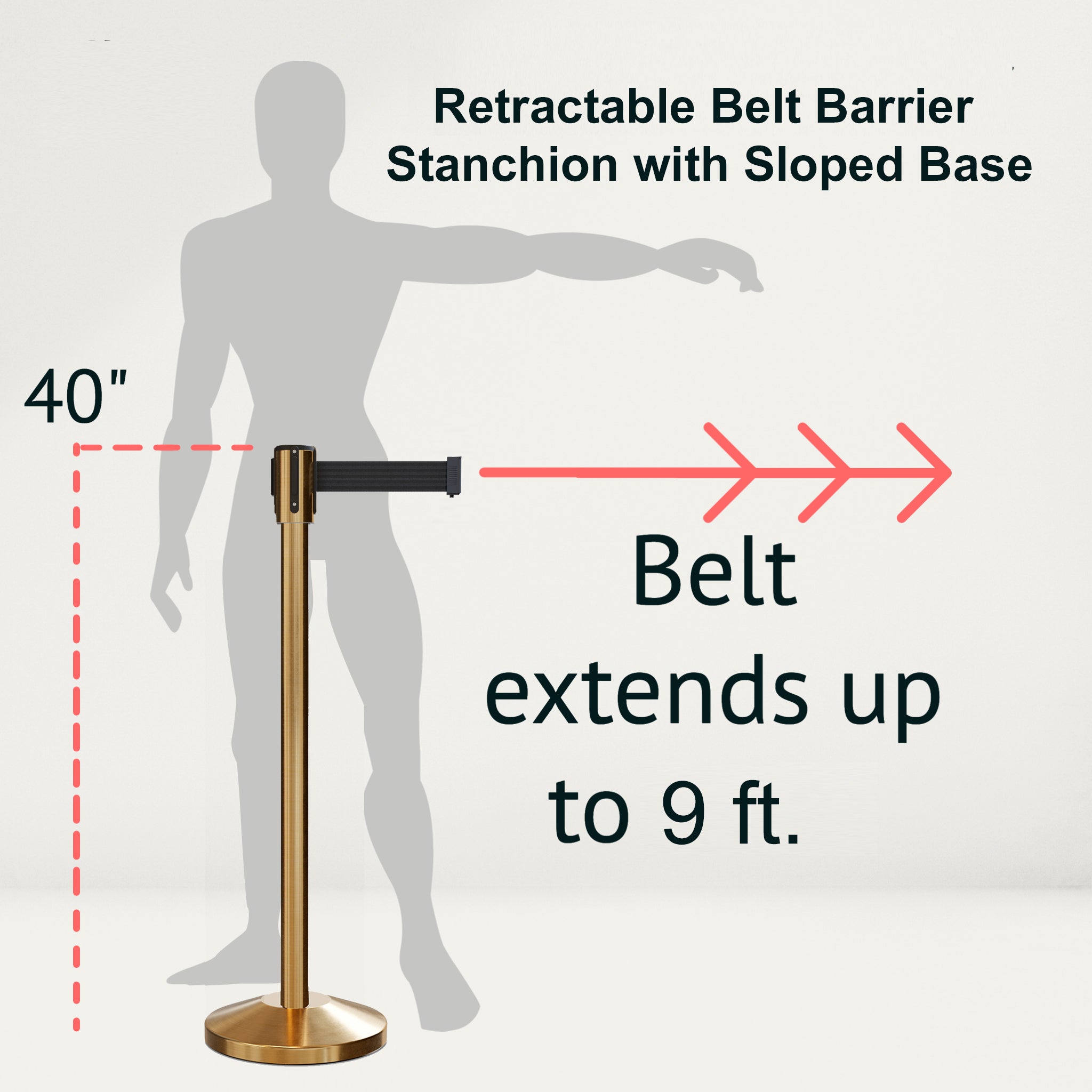 Retractable Belt Barrier Stanchion, Sloped Base, Satin Brass Post, 9 ft Belt - Montour Line M530 - Crowd Control Warehouse