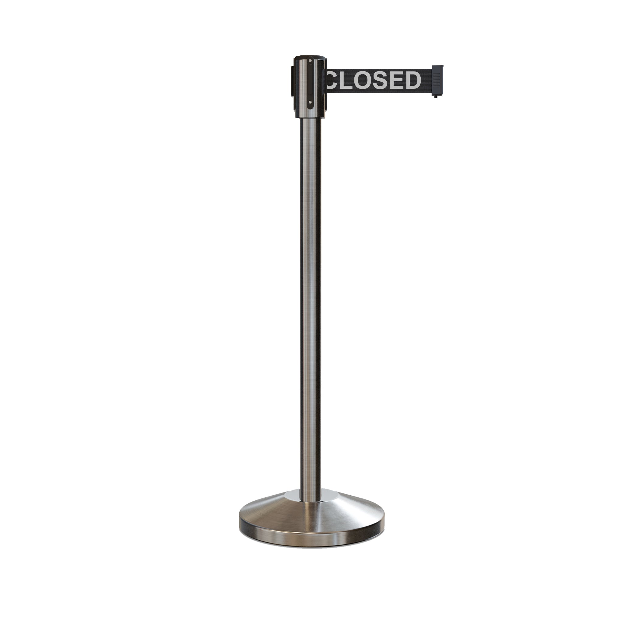 Retractable Belt Barrier Stanchion, Sloped Base, Satin Stainless Steel Post, 13 ft Belt - Montour Line M530 - Crowd Control Warehouse