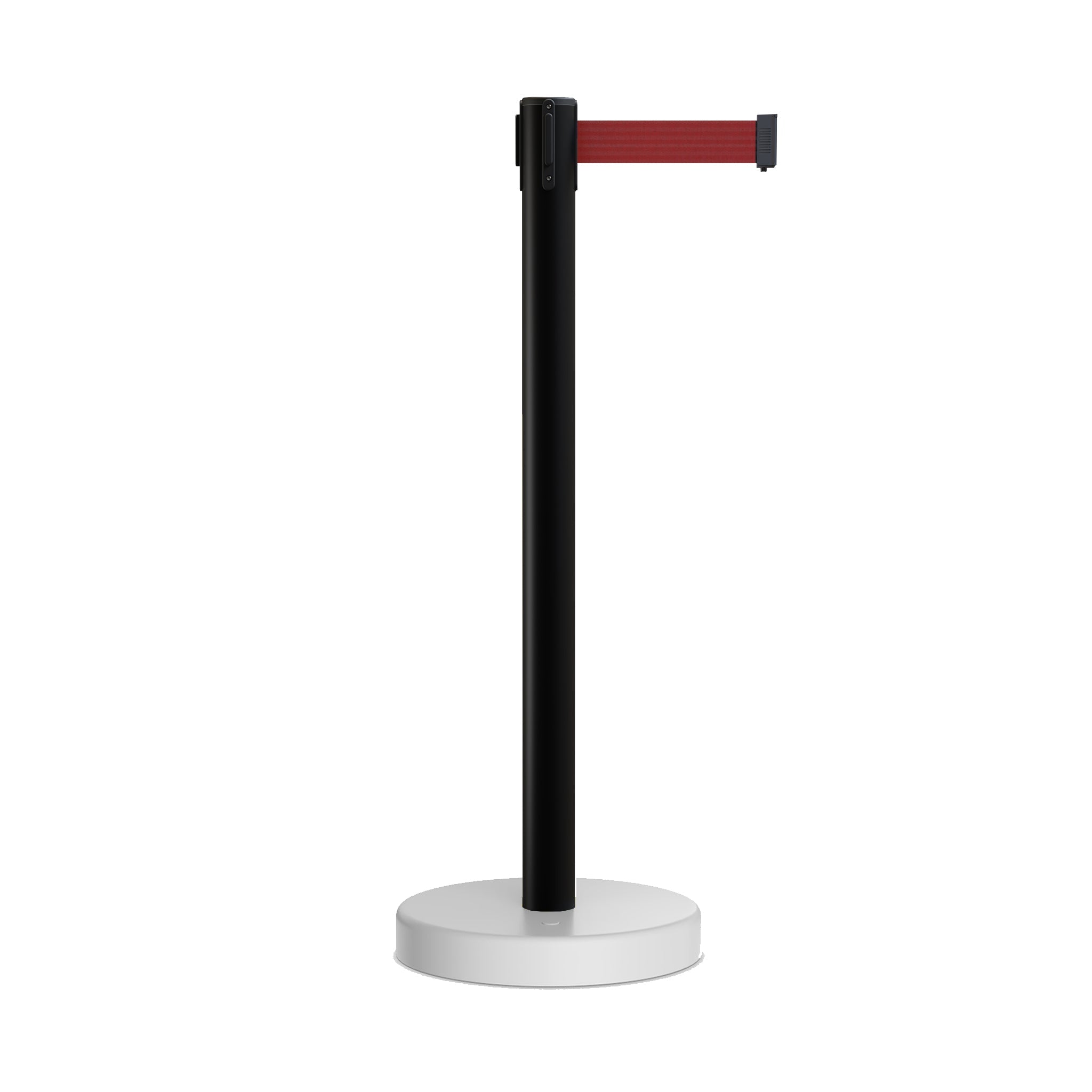 Retractable Belt Barrier Stanchion, Water Fillable Base, Black PVC Plastic Post, 13 Ft Belt - Montour Line MH630 - Crowd Control Warehouse