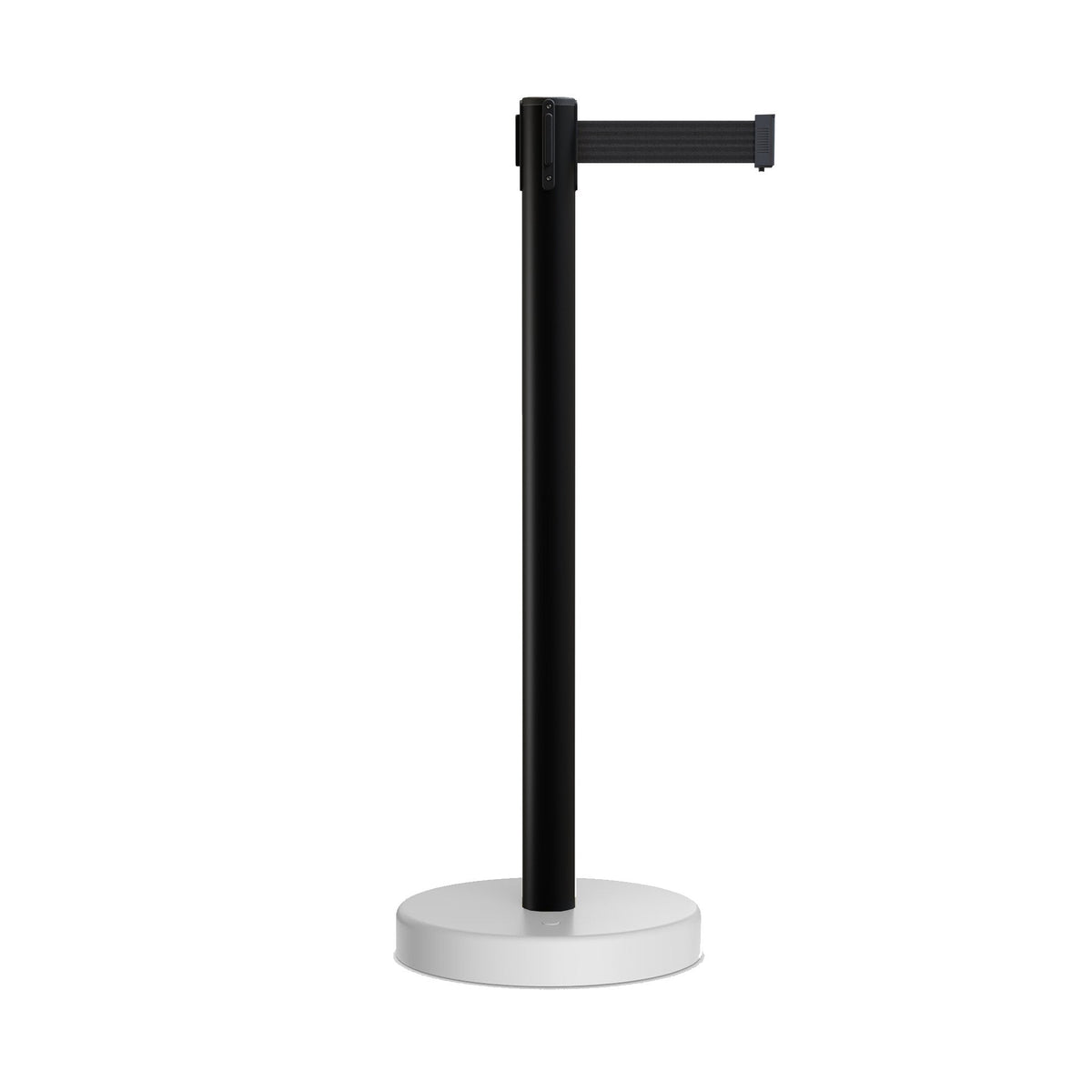 Retractable Belt Barrier Stanchion, Water Fillable Base, Black PVC Plastic Post, 13 Ft Belt - Montour Line MH630 - Crowd Control Warehouse