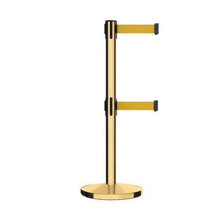 Retractable Dual Belt Barrier Stanchion, Cast Iron Base, Polished Brass Post, 11 ft Belt - Montour Line MI630D - Crowd Control Warehouse
