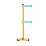 Retractable Dual Belt Barrier Stanchion, Cast Iron Base, Polished Brass Post, 11 ft Belt - Montour Line MI630D - Crowd Control Warehouse