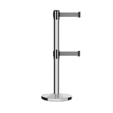 Retractable Dual Belt Barrier Stanchion, Cast Iron Base, Polished Stainless Steel Post, 7.5 ft Belt - Montour Line MI630D - Crowd Control Warehouse