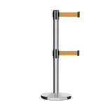 Retractable Dual Belt Barrier Stanchion, Cast Iron Base, Polished Stainless Steel Post, 7.5 ft Belt - Montour Line MI630D - Crowd Control Warehouse