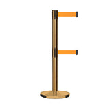 Retractable Dual Belt Barrier Stanchion, Cast Iron Base, Satin Brass Post, 11 ft Belt - Montour Line MI630D - Crowd Control Warehouse