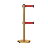 Retractable Dual Belt Barrier Stanchion, Cast Iron Base, Satin Brass Post, 11 ft Belt - Montour Line MI630D - Crowd Control Warehouse