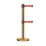 Retractable Dual Belt Barrier Stanchion, Cast Iron Base, Satin Brass Post, 11 ft Belt - Montour Line MI630D - Crowd Control Warehouse