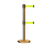 Retractable Dual Belt Barrier Stanchion, Cast Iron Base, Satin Brass Post, 11 ft Belt - Montour Line MI630D - Crowd Control Warehouse
