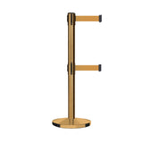 Retractable Dual Belt Barrier Stanchion, Cast Iron Base, Satin Brass Post, 11 ft Belt - Montour Line MI630D - Crowd Control Warehouse