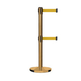 Retractable Dual Belt Barrier Stanchion, Cast Iron Base, Satin Brass Post, 11 ft Belt - Montour Line MI630D - Crowd Control Warehouse
