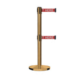 Retractable Dual Belt Barrier Stanchion, Cast Iron Base, Satin Brass Post, 11 ft Belt - Montour Line MI630D - Crowd Control Warehouse