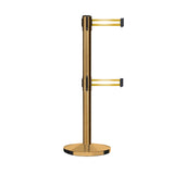Retractable Dual Belt Barrier Stanchion, Cast Iron Base, Satin Brass Post, 7.5 ft Belt - Montour Line MI630D - Crowd Control Warehouse