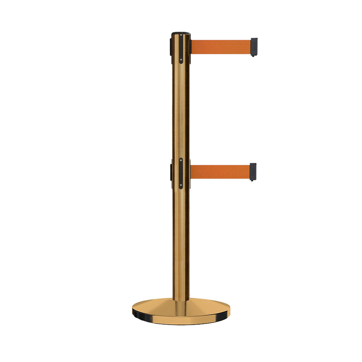 Retractable Dual Belt Barrier Stanchion, Cast Iron Base, Satin Brass Post, 9 ft Belt - Montour Line MI630D - Crowd Control Warehouse