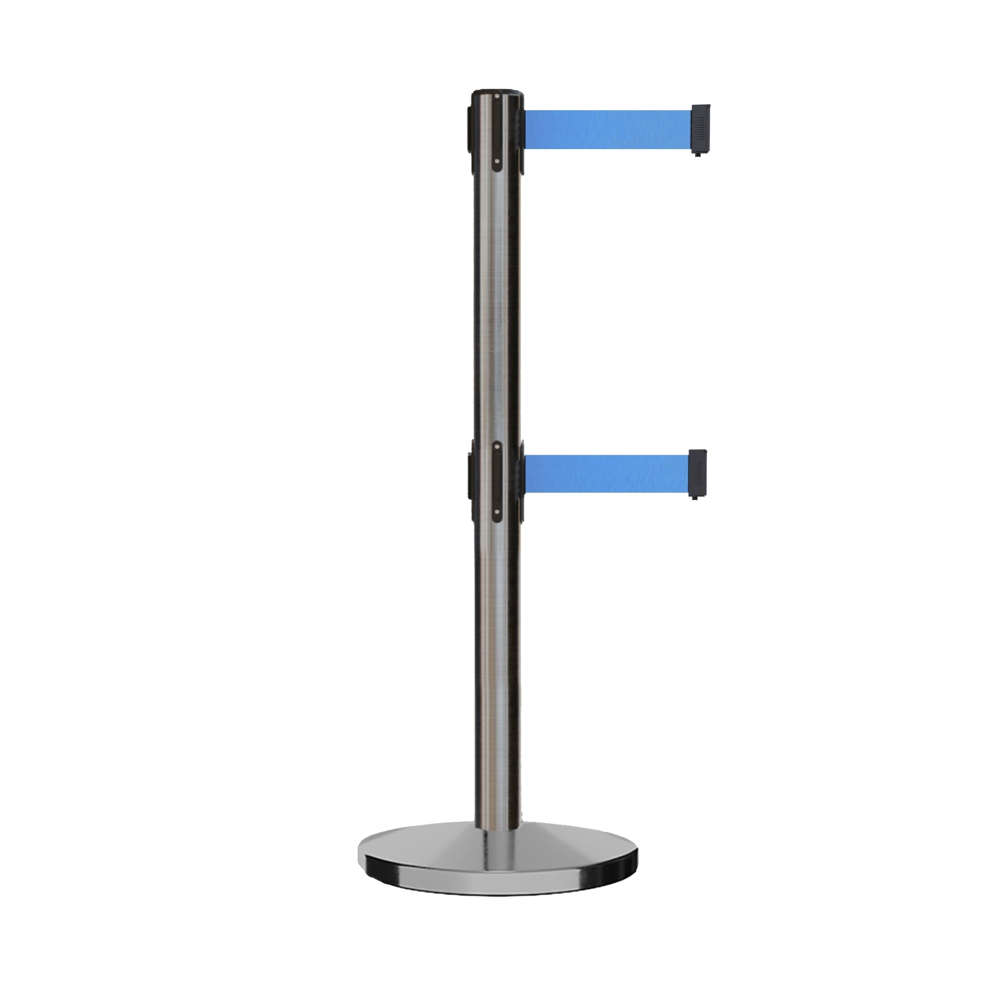 Retractable Dual Belt Barrier Stanchion, Cast Iron Base, Satin Stainless Steel Post, 11 ft Belt - Montour Line MI630D - Crowd Control Warehouse