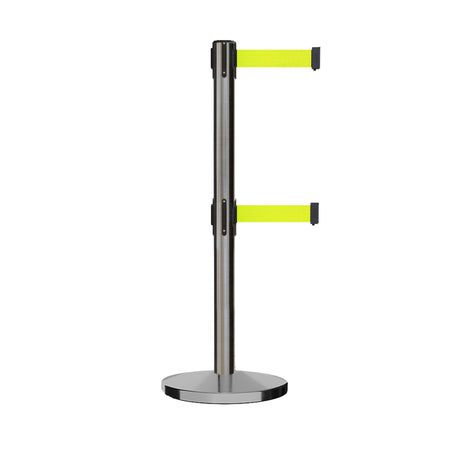 Retractable Dual Belt Barrier Stanchion, Cast Iron Base, Satin Stainless Steel Post, 11 ft Belt - Montour Line MI630D - Crowd Control Warehouse