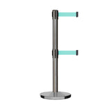 Retractable Dual Belt Barrier Stanchion, Cast Iron Base, Satin Stainless Steel Post, 11 ft Belt - Montour Line MI630D - Crowd Control Warehouse
