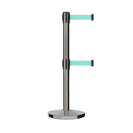 Retractable Dual Belt Barrier Stanchion, Cast Iron Base, Satin Stainless Steel Post, 11 ft Belt - Montour Line MI630D - Crowd Control Warehouse