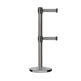 Retractable Dual Belt Barrier Stanchion, Cast Iron Base, Satin Stainless Steel Post, 11 ft Belt - Montour Line MI630D - Crowd Control Warehouse