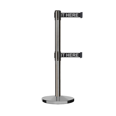 Retractable Dual Belt Barrier Stanchion, Cast Iron Base, Satin Stainless Steel Post, 11 ft Belt - Montour Line MI630D - Crowd Control Warehouse
