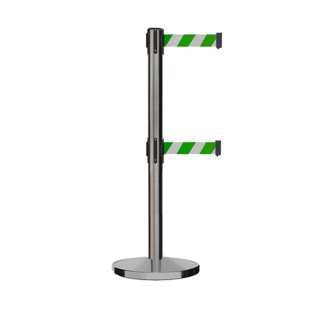 Retractable Dual Belt Barrier Stanchion, Cast Iron Base, Satin Stainless Steel Post, 11 ft Belt - Montour Line MI630D - Crowd Control Warehouse